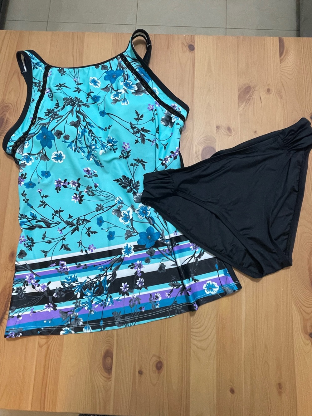 Country Turquoise Floral Tankini Top with Black Swim Briefs